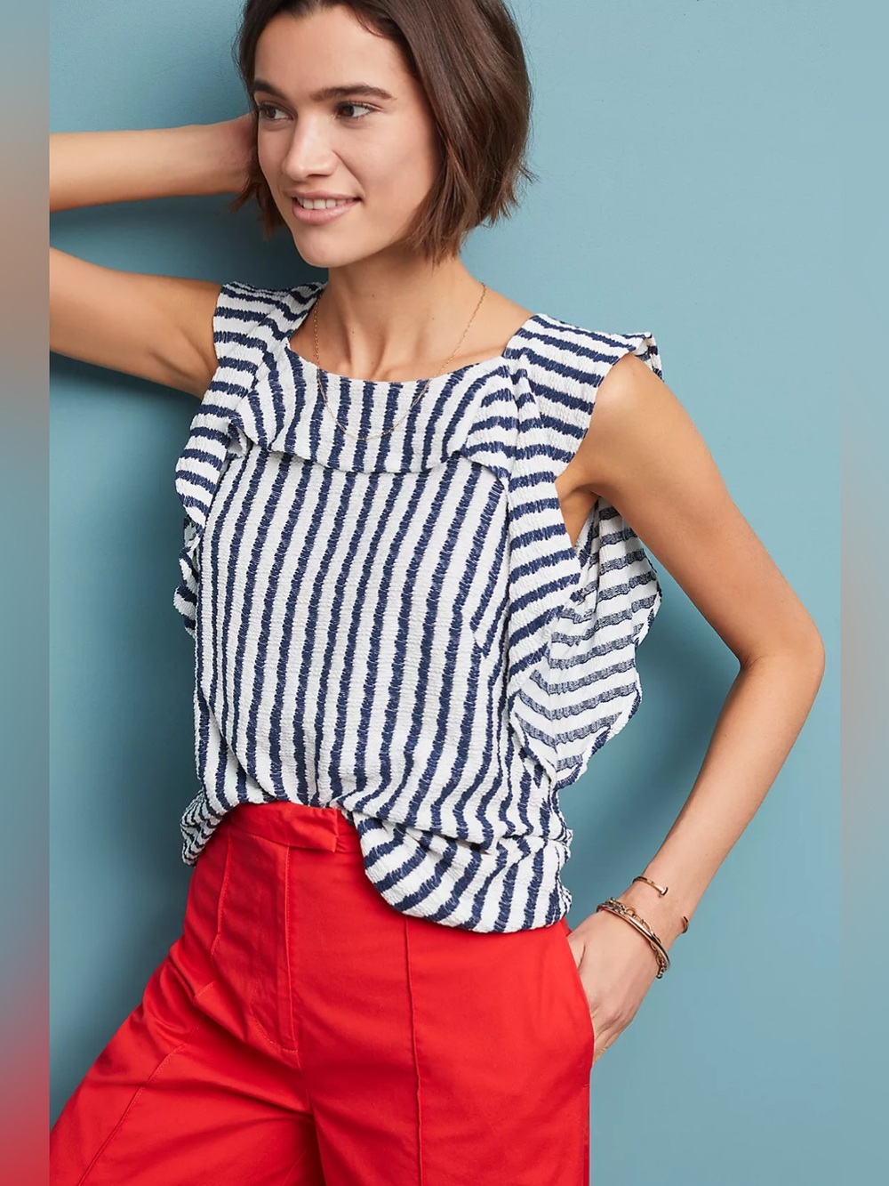 Anthropologie Eva Franco Keely Blue White Striped Ruffle Tie Back Blouse Top S